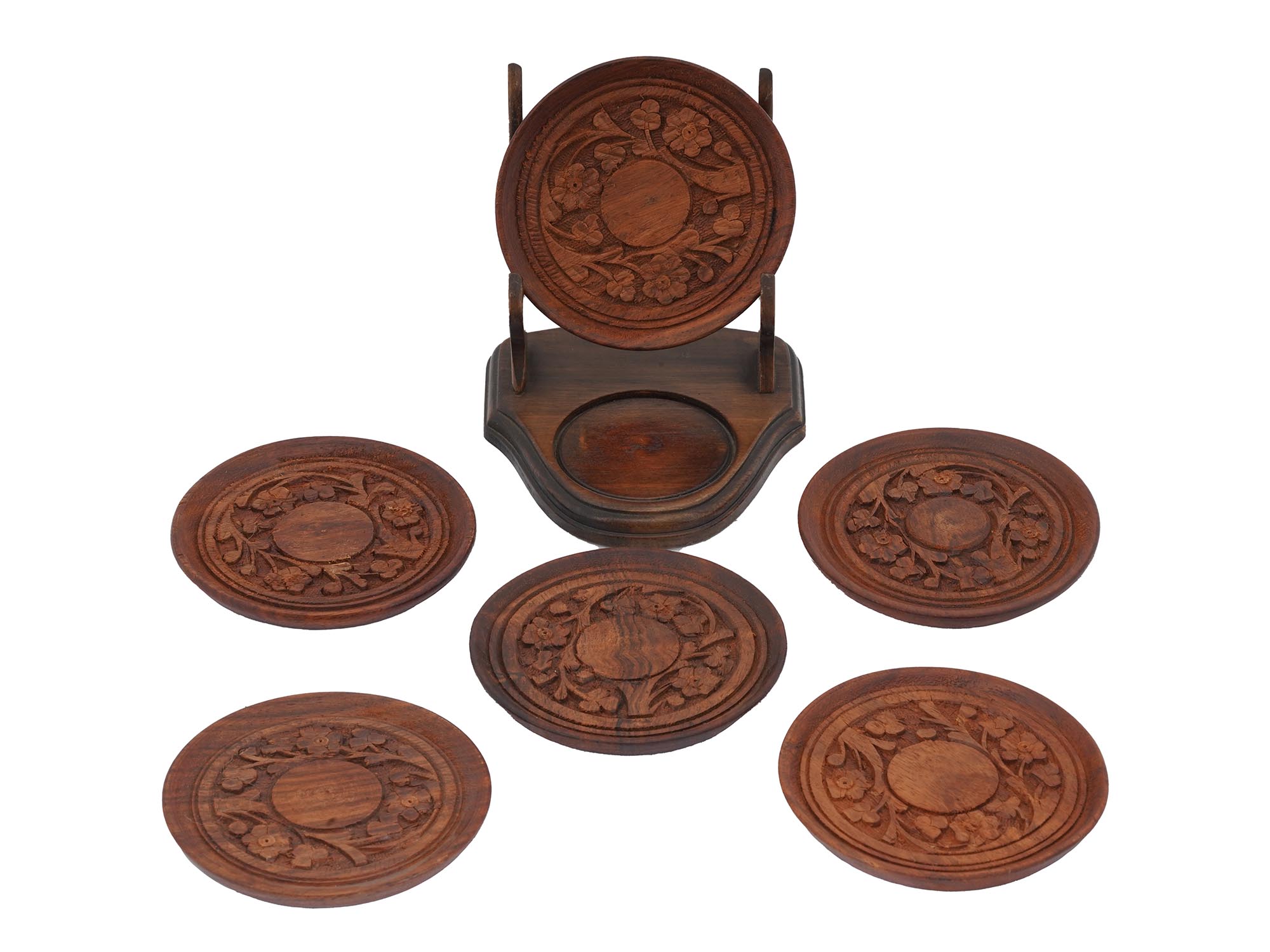 SET OF SIX HAND CARVED WOODEN COASTERS WITH STAND PIC-0